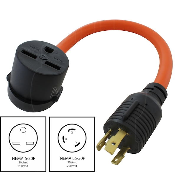 Ac Works L6-30P 3-Prong 250V Locking Plug to 6-30R 3-Prong 30 Amp 250 Volt HVAC Female Adapter - L630630-018