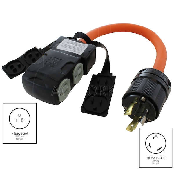 Ac Works 1.5FT L5-30P 30A 3-Prong Locking Plug to 4 Home Outlets with 20A Breakers - L530CBF520