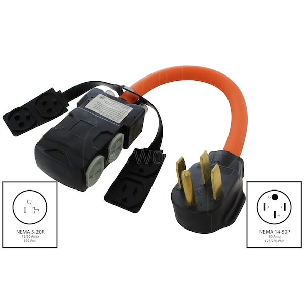 Ac Works 1.5FT 14-50P RV/Range/Generator Plug to 4 Home Outlets with 24A Breaker - S1450CBF520