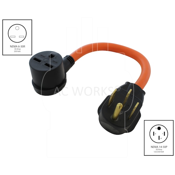 Ac Works 14-50P 4-Prong Range/Generator Plug to 6-30R 3-Prong 30 Amp 250 Volt HVAC Female Adapter - S1450630-018