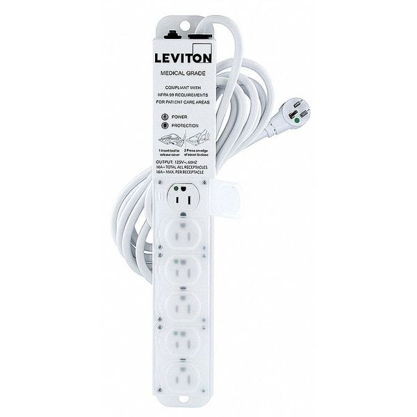 Leviton Outlet Strip, 15 A, 15 ft Cord L, 6 Outlets - 5306M-1S5