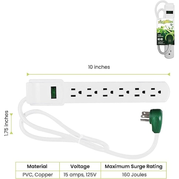 Gogreen Surge Protected Power Strip, 6 Outlets, 15A, 160 Joules, 3' Cord, White - GG-16103MS