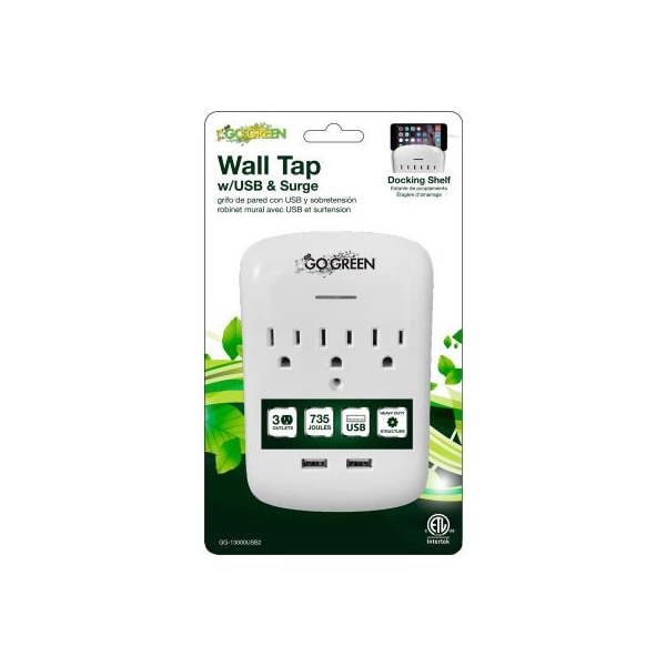 Gogreen GoGreen Power 3 Outlet wall tap with 2 USB ports, 735 Joules, GG-13000USB2-PKG - White - GG-13000USB2-PKG