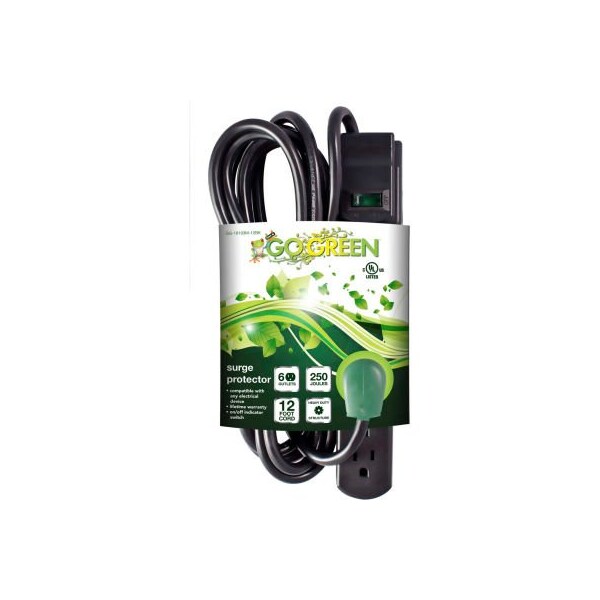 Gogreen Surge Protected Power Strip, 6 Outlets, 15A, 250 Joules, 12' Cord, Black - GG-16103M-12BK