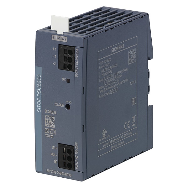 Siemens Stabilized Power Supply, 120/230V AC, 24V DC, 60W, 2.5A, DIN Rail - 6EP33327SB000AX0