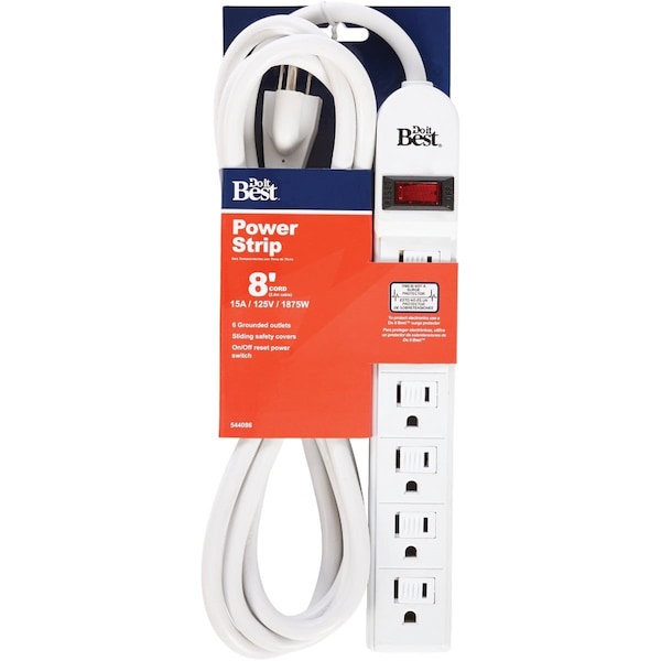 All-Source Extra Reach 6-Outlet White Power Strip with 8 Ft. Cord - LTS-6H
