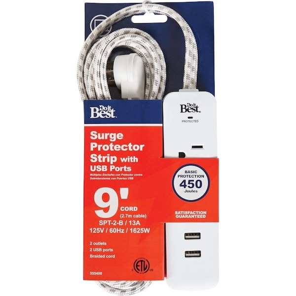 All-Source 2-Outlet/2-USB 450J White Surge Protector with 9 Ft. Braided Cord - LTS-02H/A10