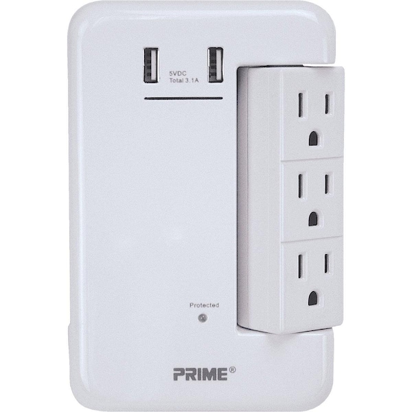 Prime Wire & Cable & Cable 6 Power & 2 USB White Rotating Surge Tap USB Charger - PBRUSB346S