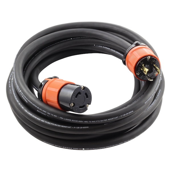 Ac Works SOOW; Cold Weather Extension Cord, 10 AWG, Indoor/Outdoor, 10/3, 1 Outlets, Black, Rubber, Nylon - L530PR-050