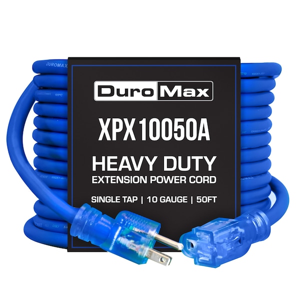 Duromax SJEOOW Extension Cord, 10 AWG, Indoor/Outdoor, 3 Outlets, Blue, PVC, 50 ft - XPX10050A