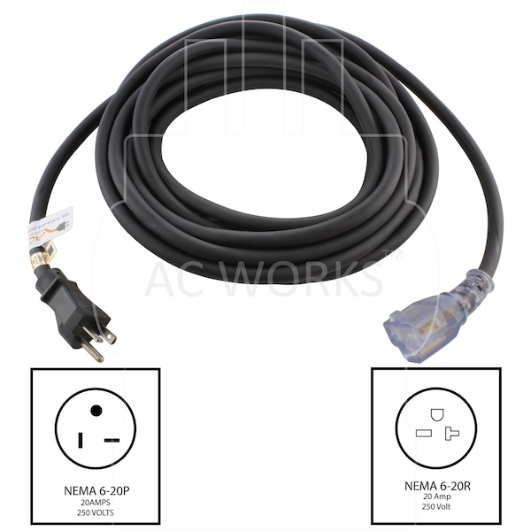 Ac Works SJTW; Cold Weather Extension Cord, 12 AWG, Indoor/Outdoor, 12/3, 1 Outlets, Black, PVC, 6-20P - S620PR-050