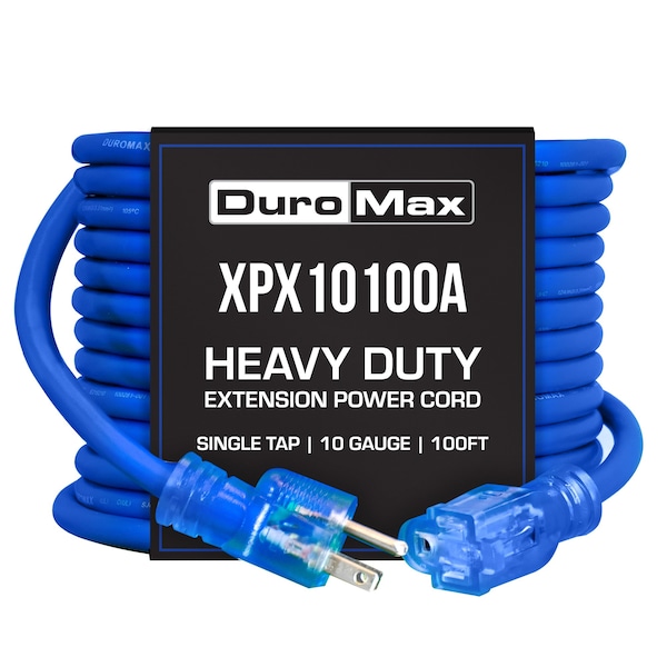 Duromax SJEOOW Extension Cord, 10 AWG, Indoor/Outdoor, 3 Outlets, Blue, PVC, 100 ft - XPX10100A