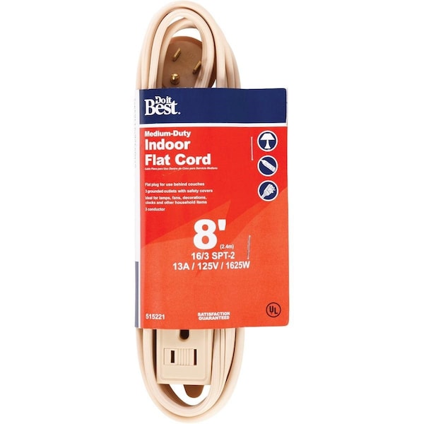 All-Source Extension Cord, 16 AWG, Indoor, 16/3, 8 ft - IPF-PT2163-8-BEG