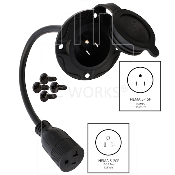 Ac Works STW Extension Cord, 14 AWG, Indoor/Outdoor, 14/3, 1 Outlets, Black, PVC, 5-15P, 1 ft - IN515520