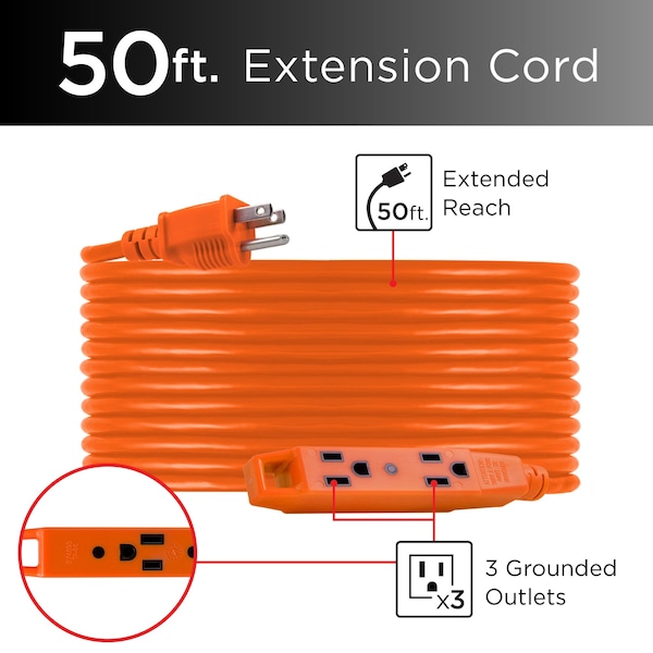 Ge Extension Cord, 16 AWG, Outdoor, 16/3, 1 Outlets, Orange, 50 ft - 51926