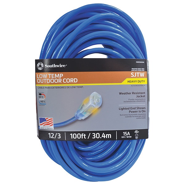 Southwire SJTW Extension Cord, 12 AWG, Outdoor, 12/3, 1 Outlets, 5-15R, Blue, PVC, 5-15P, 100 ft - 2569SW0006