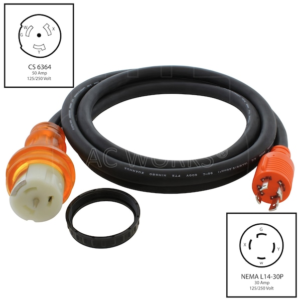 Ac Works SOOW Locking Extension Cord, 10 AWG, Indoor/Outdoor, 10/4, 1 Outlets, Black, Rubber, L14-30P, 10 ft - TEL1430-010