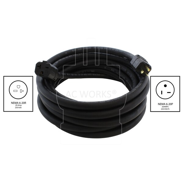 Ac Works SOOW; Cold Weather Extension Cord, 10 AWG, Indoor/Outdoor, 10/3, 1 Outlets, Black, Rubber, Nylon - SD620PR-075