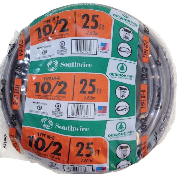 Southwire UF-B, Non-Metallic Underground Feeder Cable, 10 AWG, 25 ft - 13056721