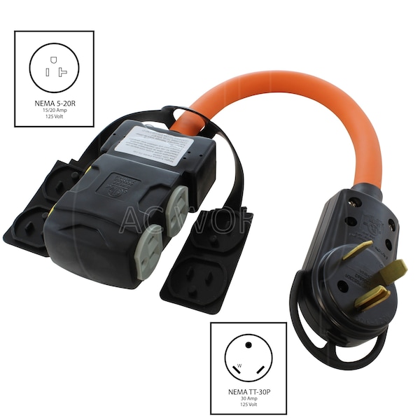 Ac Works 1.5FT TT-30P  RV 30A Plug to 4 Home Outlets with 20A Breakers - TTCBF520