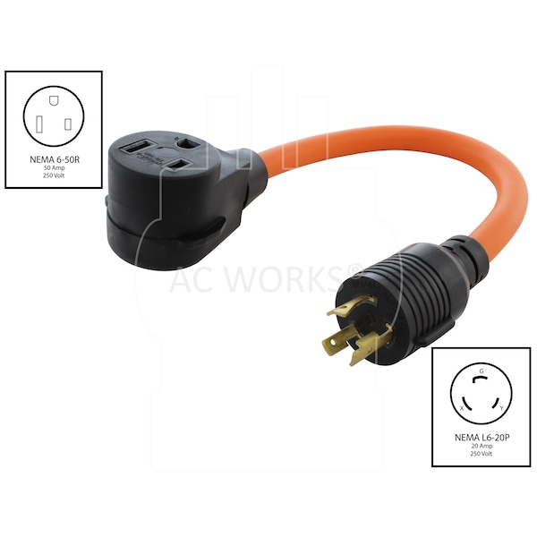 Ac Works 1.5FT L6-20P 20A 250V Locking Plug to 6-50 Welder Connector - WDL620650-018
