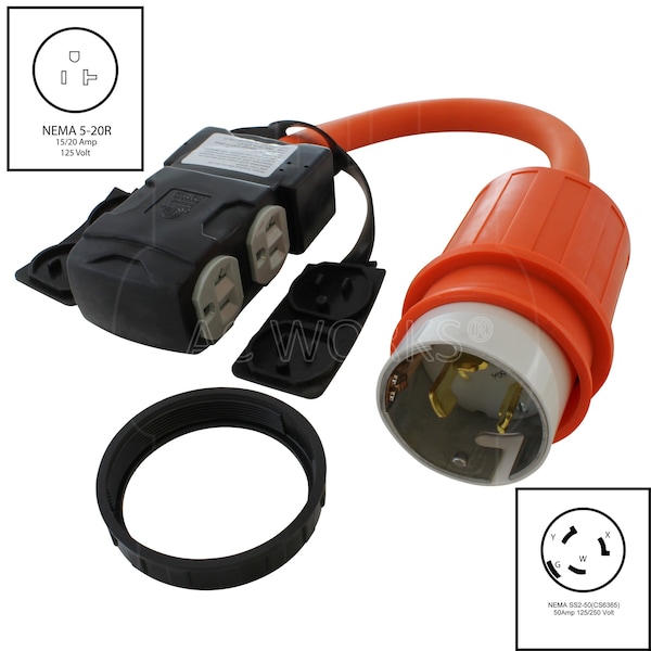 Ac Works 1.5FT SS2-50P/ CS6365 Locking Plug to 4 Household Outlets with 20A Breaker - SS2CBF520