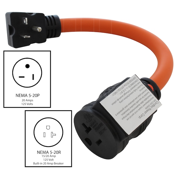 Ac Works 1FT 20A NEMA 5-20 Protective Outlet Extender with 20A Breaker - E520CB520
