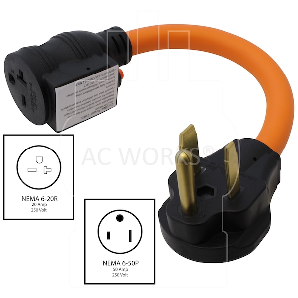 Ac Works 1.5FT 50A 3-Prong 6-50P Welder Plug to 6-15/20 Outlet with 20A Breaker - S650CB620