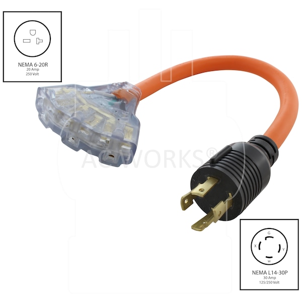 Ac Works 1.5FT 30A 4-Prong Locking Generator Plug to 3 NEMA 6-15/20 Tri-Outlets - L1430W620-018