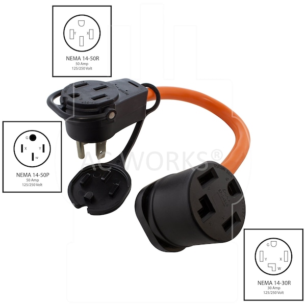 Ac Works 1.5FT 50A 14-50 Piggy-Back Plug with 14-30R Connector Adapter Cord - PB14501430