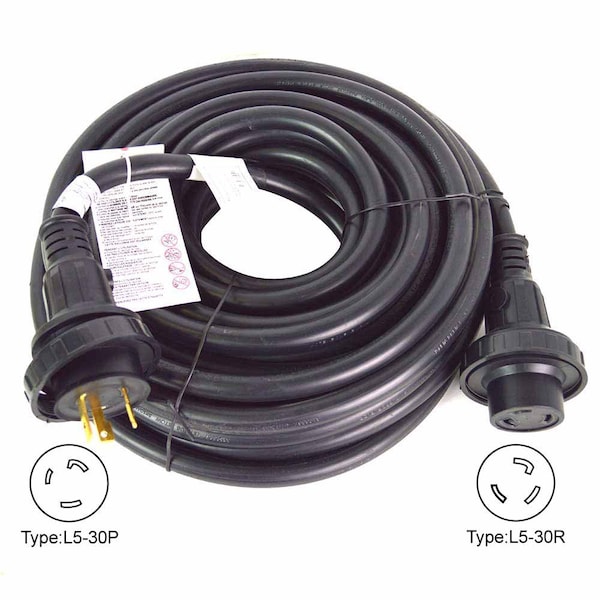 Superior Electric Shore Power Extension Cord NEMA L5-30P 30 Amp STOW NEMA L5-30R 10AWG/3, 40ft - RVA1559