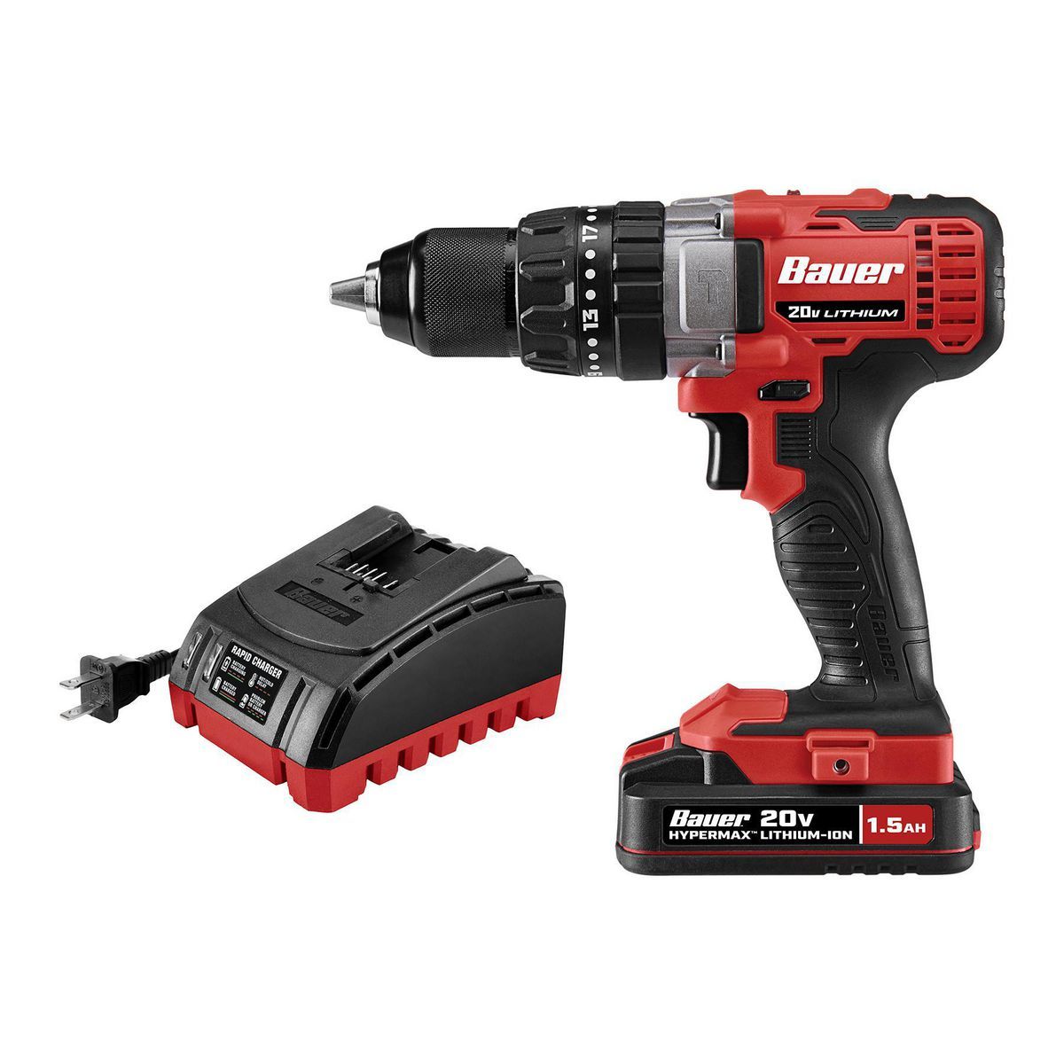 Bauer 20V Inalámbrico, Taladro/destornillador de martillo de 1/2 pulgada con batería de 1.5 y cargador - 64756