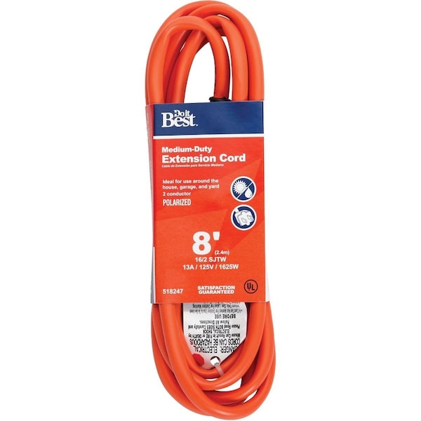 All-Source Extension Cord, 16 AWG, Outdoor, 16/2, 8 ft - OU-JTW162-8-OR