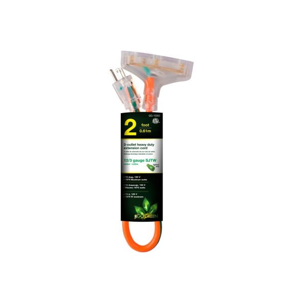 Gogreen Extension Cord, 12 AWG, Outdoor, 12/3, 3 Outlets, 2 ft - GG-15302