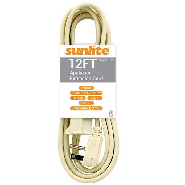 Sunlite Extension Cord, 14 AWG, Indoor/Outdoor, 14/3, Beige/Grey, 12 ft - 04160-SU