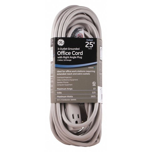 Ge Extension Cord, 16 AWG, 16/3, 3 Outlets, Gray, 25 ft - 43025