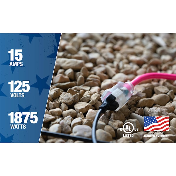 Southwire SJTW Extension Cord, 12 AWG, Outdoor, 12/3, 1 Outlets, 5-15R, Pink, PVC, 5-15P, 100 ft - 2579SW000A