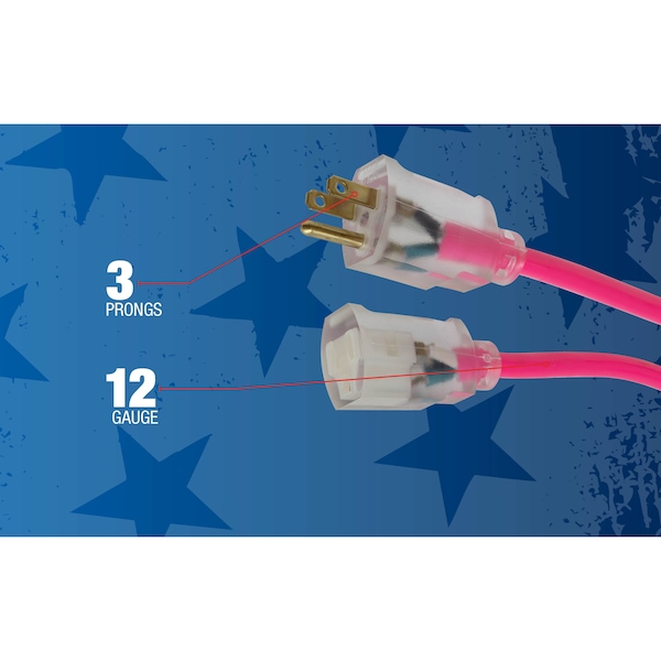 Southwire SJTW Extension Cord, 12 AWG, Outdoor, 12/3, 1 Outlets, 5-15R, Pink, PVC, 5-15P, 100 ft - 2579SW000A