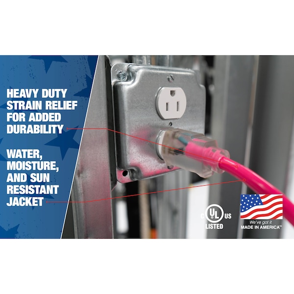 Southwire SJTW Extension Cord, 12 AWG, Outdoor, 12/3, 1 Outlets, 5-15R, Pink, PVC, 5-15P, 100 ft - 2579SW000A