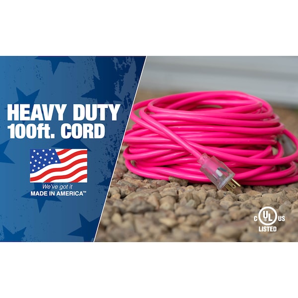 Southwire SJTW Extension Cord, 12 AWG, Outdoor, 12/3, 1 Outlets, 5-15R, Pink, PVC, 5-15P, 100 ft - 2579SW000A