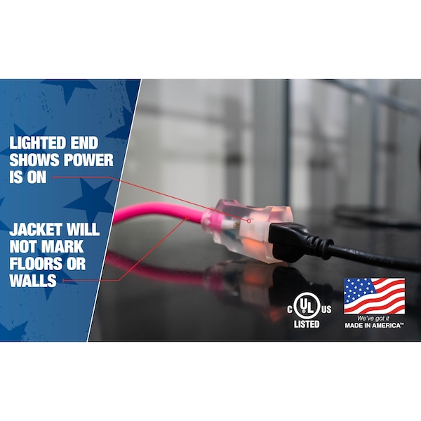 Southwire SJTW Extension Cord, 12 AWG, Outdoor, 12/3, 1 Outlets, 5-15R, Pink, PVC, 5-15P, 100 ft - 2579SW000A