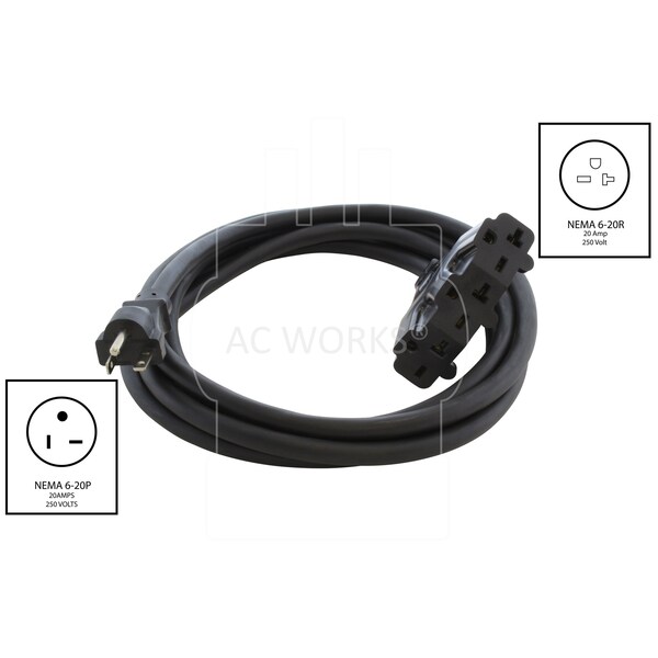 Ac Works STW; Cold Weather Extension Cord, 12 AWG, Indoor/Outdoor, 12/3, 3 Outlets, Black, PVC, 6-20P, 10 ft - S620W620-010