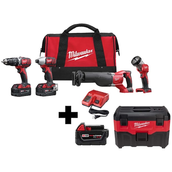 Milwaukee Tool M18 4-Tool, M18 Battery Pack, M18 Vacuum - 2696-24, 48-11-1850, 0880-20