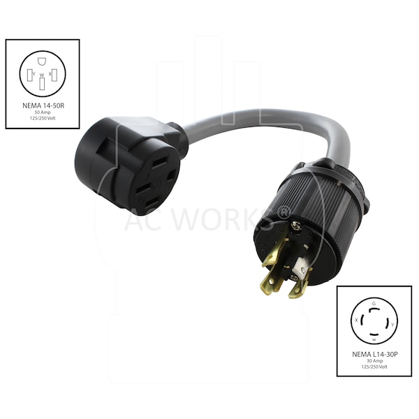 Ac Works 1.5FT NEMA L14-30P 30A 4-Prong Plug to NEMA 14-50R RV/Range 50A Connector - EVL1430MS-018