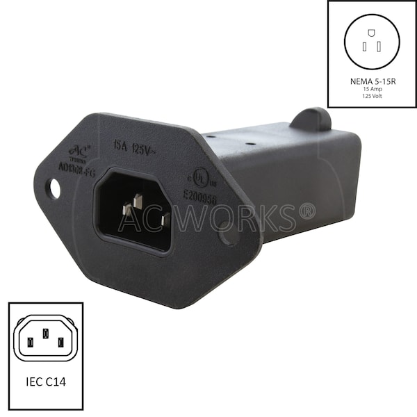 Ac Works IEC C14/ SHEET E with Mounting Holes to U.S. Household NEMA 5-15R Connector - AD1308-FG