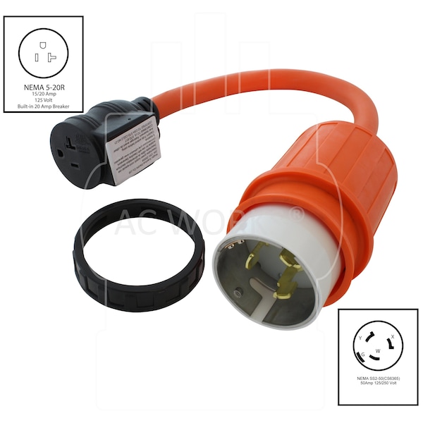 Ac Works 1.5FT 50A CS6365/ SS2-50P Locking Plug to 15/20A Household Outlet with 20A Breaker - SS2CB520