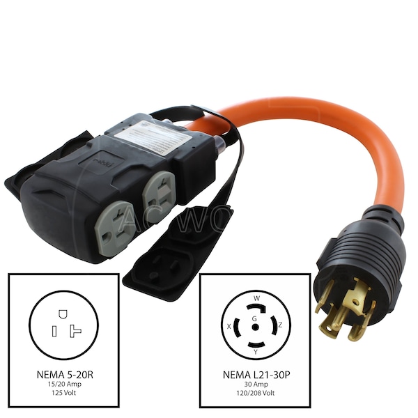 Ac Works 1.5FT L21-30P 30A 5-Prong Locking Plug to 4 Household Outlets with 20A Breakers - L2130CBF520