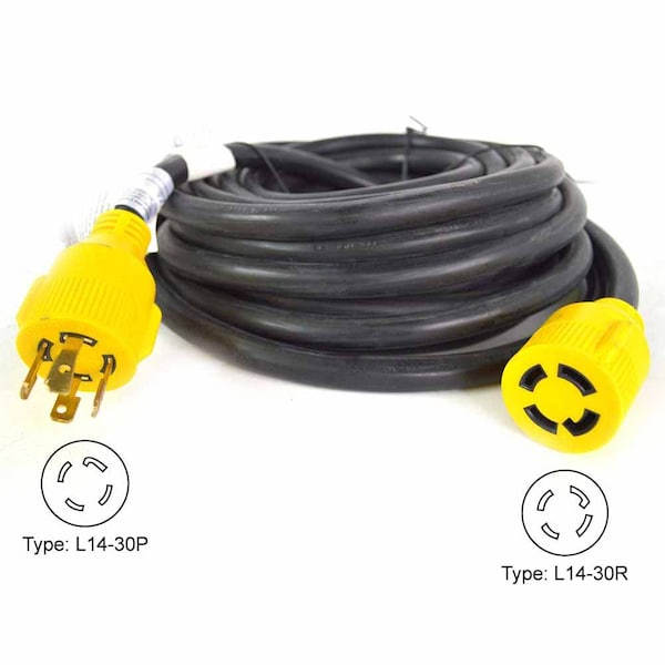 Superior Electric Generator Extension Cord NEMA L14-30P 30 Amp 4 Pole SJTW NEMA L14-30R 10AWG/4, 25ft - RVA1556