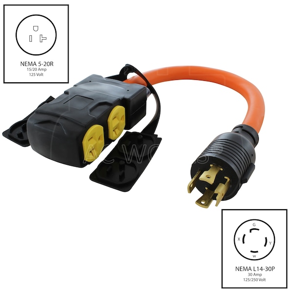 Ac Works 1.5FT L14-30P 30A 4-Prong Locking Plug to 4 Home Outlets with 20A Breaker - L1430CBF520