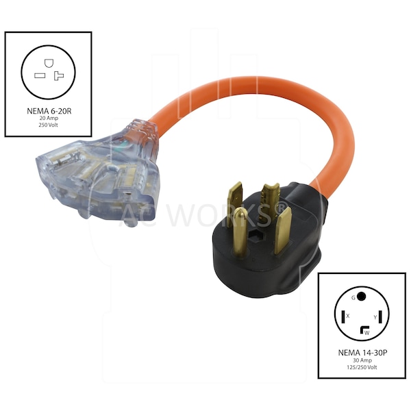 Ac Works 1.5FT 30A 4-Prong Dryer Plug to 3 NEMA 6-15/20 Tri-Outlets w/Indicator - S1430W620-018